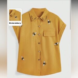 ROMWE Mustard Yellow Bee Embroidered Short Sleeve Button-Up Blouse